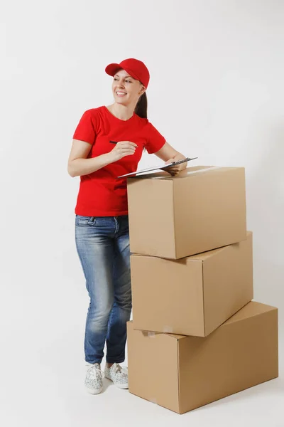 Comprimento Total Mulher Parto Boné Vermelho Shirt Isolada Fundo Branco — Fotografia de Stock