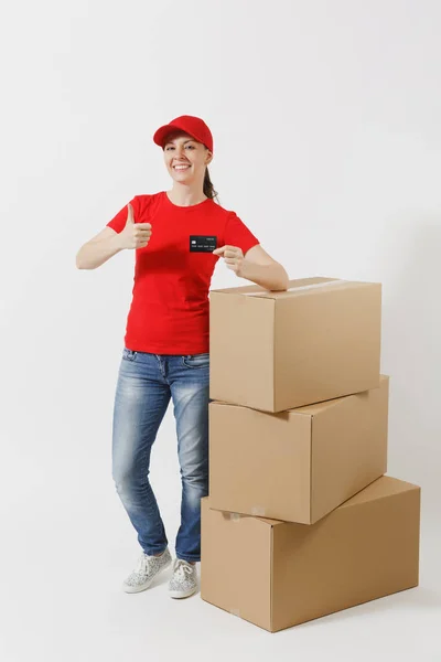 Retrato Comprimento Total Mulher Parto Boné Vermelho Shirt Isolada Fundo — Fotografia de Stock