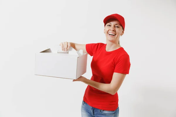 Женщина Красной Кепке Футболка Заказом Еды Коробка Торта Изолированы Белом — стоковое фото