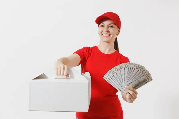 Woman in red cap, t-shirt giving food order cake box isolated on white background. Female courier holding dessert in unmarked cardboard box, bundle of dollars, cash money . Delivery service concept