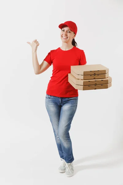 Retrato Comprimento Total Mulher Feliz Boné Vermelho Shirt Dando Caixas — Fotografia de Stock