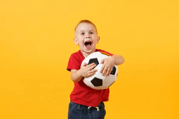 Piccolo Bambino Carino Bambino Anni Tifoso Calcio Shirt Rossa Tenuta — Foto Stock