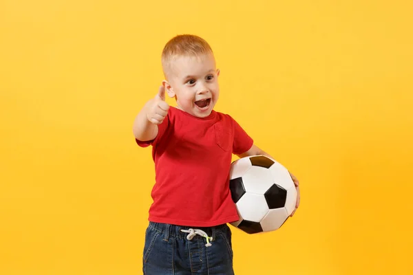 Piccolo Bambino Carino Bambino Anni Tifoso Calcio Shirt Rossa Tenuta — Foto Stock