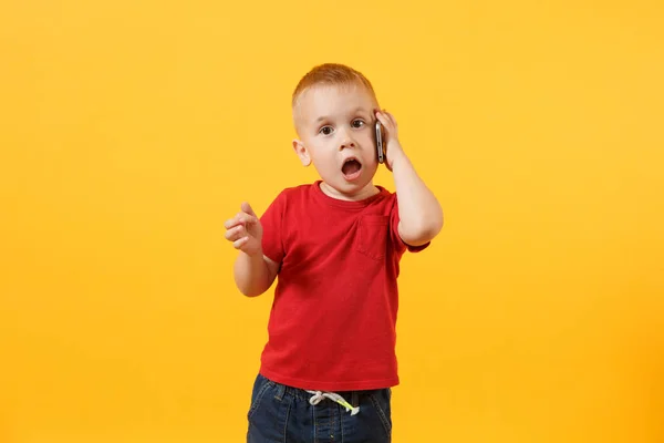 Little Kid Boy Years Old Red Shirt Talking Mobile Phone — Stock Photo, Image