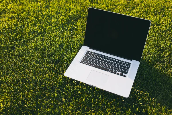 Dizüstü pc bilgisayar boş siyah Boþ ekran alanı kopyalamak için park canlı bahar yeşil taze çimenlerin üzerinde açık havada doğa üzerinde güneş çim çayır ile kapatın. Mobil ofis. Serbest iş kavramı