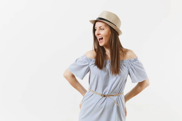 Joven Tierna Elegante Mujer Encantadora Vestido Vestido Azul Lindo Sombrero —  Fotos de Stock