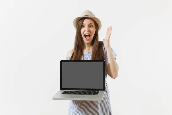 Young Woman Holding Modern Laptop Computer Blank Black Empty Screen — Stock Photo, Image