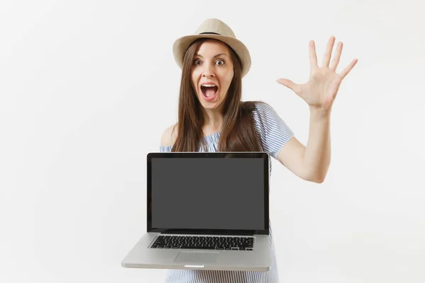 Young Woman Holding Modern Laptop Computer Blank Black Empty Screen — Stock Photo, Image