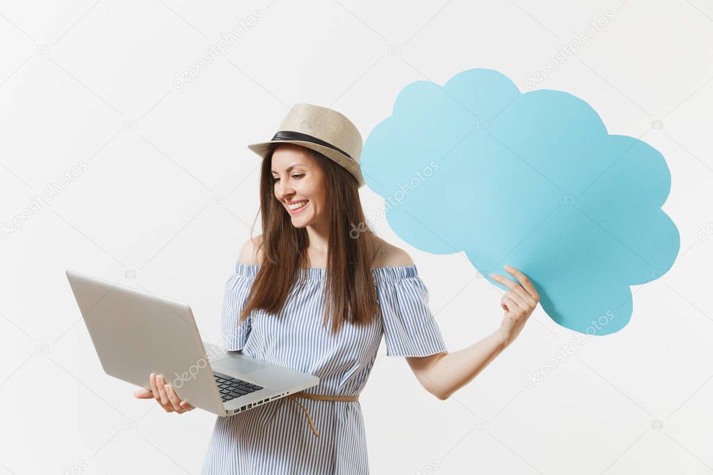 Young woman holding empty blank Say cloud, speech bubble working on modern laptop computer isolated on white background. People business, lifestyle, online shopping concept. Mobile Office.