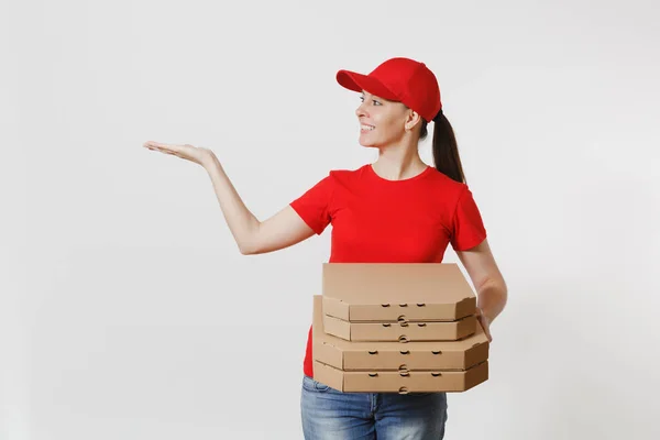 Vrouw Rode Dop Shirt Geven Voedsel Volgorde Pizzadozen Geïsoleerd Een — Stockfoto