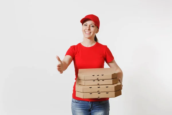 Mulher Entrega Boné Vermelho Shirt Dando Caixas Pizza Ordem Alimentar — Fotografia de Stock