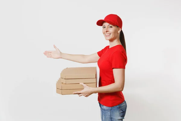 Levering Vrouw Rode Dop Shirt Geven Voedsel Volgorde Pizzadozen Geïsoleerd — Stockfoto