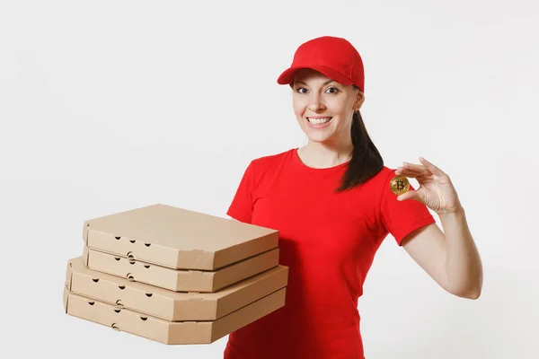 Mulher Entrega Boné Vermelho Shirt Dando Comida Ordem Pizza Italiana — Fotografia de Stock