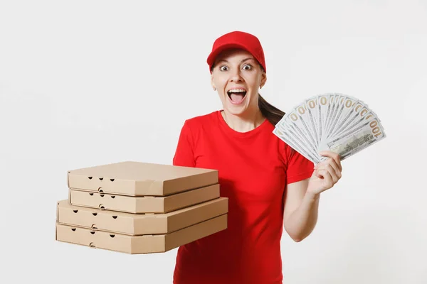 Mulher Entrega Boné Vermelho Shirt Dando Comida Ordem Pizza Italiana — Fotografia de Stock