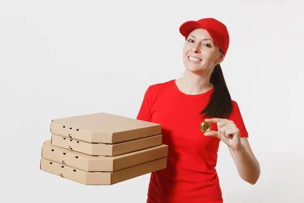 Mulher Entrega Boné Vermelho Shirt Dando Comida Ordem Pizza Italiana — Fotografia de Stock