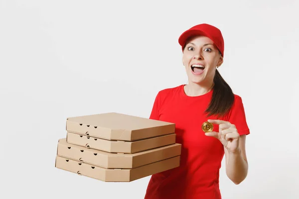 Mulher Entrega Boné Vermelho Shirt Dando Comida Ordem Pizza Italiana — Fotografia de Stock