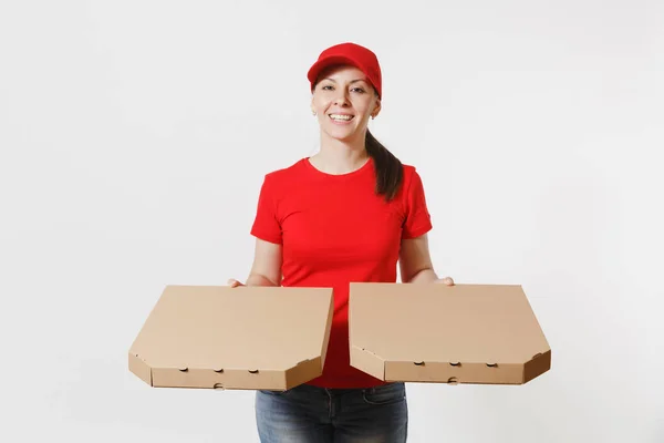 Vrouw Rode Glb Shirt Geven Voedsel Volgorde Pizzadozen Geïsoleerd Een — Stockfoto