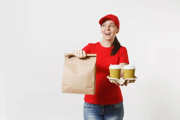 Mulher Boné Vermelho Shirt Dando Ordem Fast Food Isolado Fundo — Fotografia de Stock