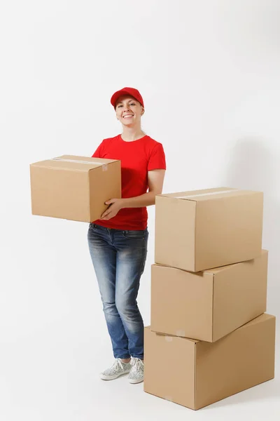 Retrato Longitud Completa Mujer Entrega Gorra Roja Camiseta Que Cajas — Foto de Stock