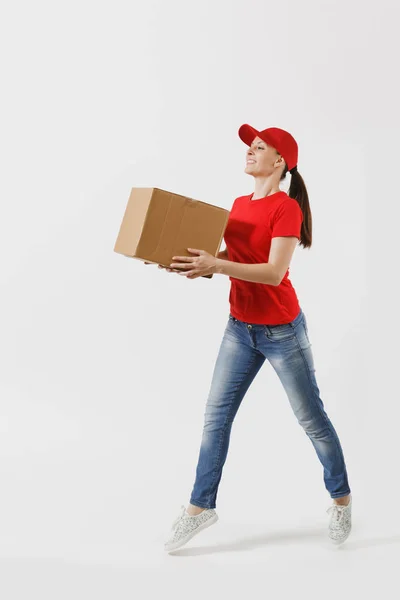 Retrato Longitud Completa Mujer Entrega Gorra Roja Camiseta Que Cajas —  Fotos de Stock