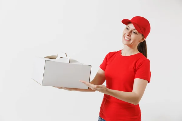 Woman Red Cap Shirt Giving Food Order Cake Box Isolated — Stock Photo, Image