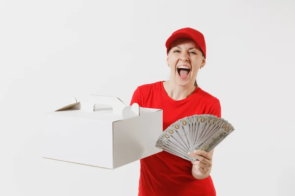 Жінка Червоній Шапці Футболка Дає Торт Замовлення Їжі Ізольована Білому — стокове фото