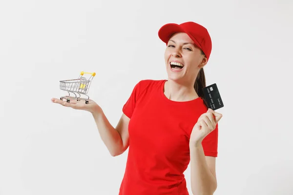 Mulher Entrega Uniforme Vermelho Isolado Fundo Branco Correio Feminino Revendedor — Fotografia de Stock