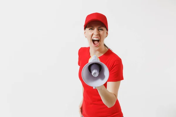 Leverans Kvinna Röd Uniform Isolerad Vit Bakgrund Kvinna Keps Shirt — Stockfoto