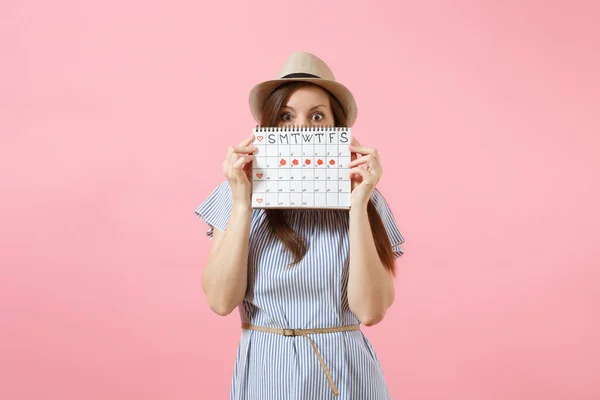 Portrait Young Woman Blue Dress Hat Holding Periods Calendar Checking — Stock Photo, Image