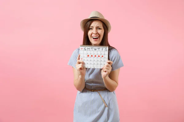 Porträtt Sorgliga Sjukdom Kvinna Blå Klänning Holding Perioder Kalender För — Stockfoto