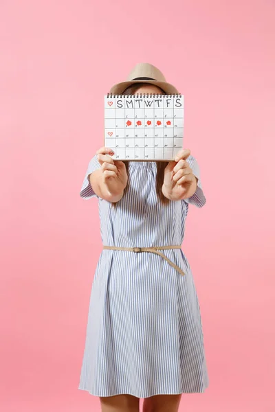 Portrait Woman Blue Dress Cover Face Hiding Periods Calendar Checking — Stock Photo, Image