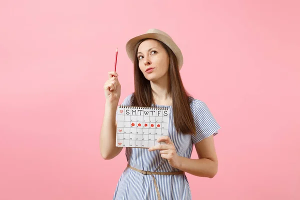 Portrait Young Woman Blue Dress Hat Holding Red Pencil Female — Stock Photo, Image