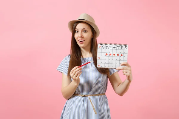 Portrait Young Woman Blue Dress Hat Holding Red Pencil Female — Stock Photo, Image