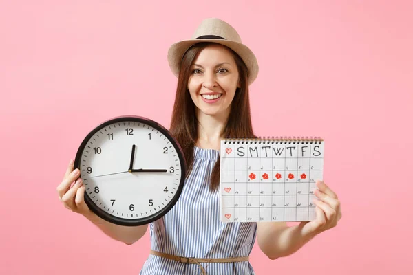 Smiling Pretty Woman Blue Dress Hat Holding Clock Periods Calendar — Stock Photo, Image