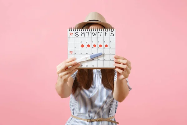 Excited Happy Woman Blue Dress Hat Hold Hand Pregnancy Test — Stock Photo, Image