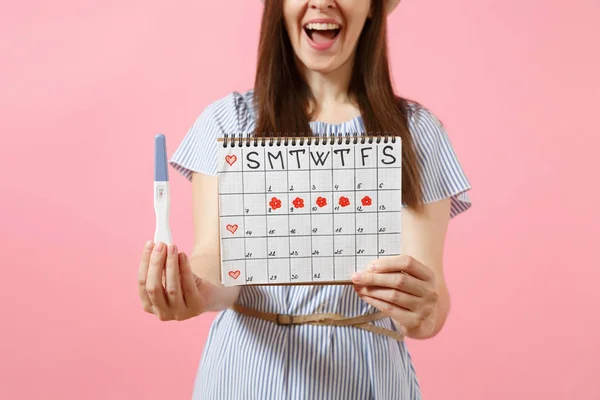 Cropped Happy Woman Blue Dress Hat Hold Hand Pregnancy Test — Stock Photo, Image