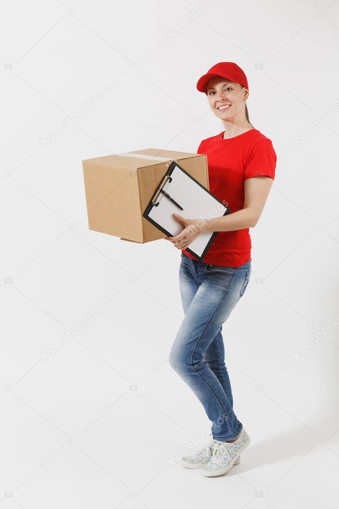 Full length of delivery woman in red cap, t-shirt isolated on white background. Female courier holding clipboard with papers document, blank empty sheet, empty cardboard boxes. Receiving package.