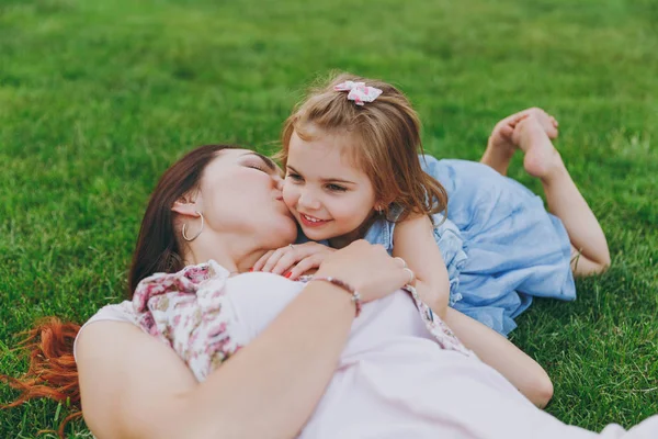 Tender Woman Light Dress Kissing Little Cute Child Baby Girl — Stock Photo, Image