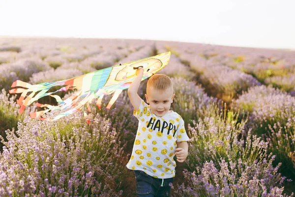 Παιχνιδιάρικο Μικρό Χαριτωμένο Παιδί Μωρό Αγόρι Πόδια Λεβάντας Μοβ Λουλούδι — Φωτογραφία Αρχείου