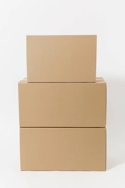 Stacked Three Brown Clear Empty Blank Cardboard Boxes Isolated White — Stock Photo, Image