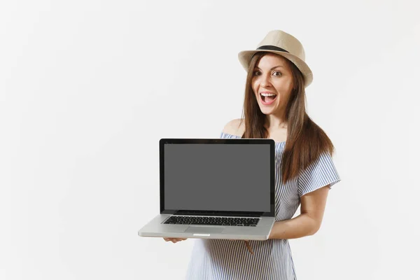 Young Woman Holding Modern Laptop Computer Blank Black Empty Screen — Stock Photo, Image