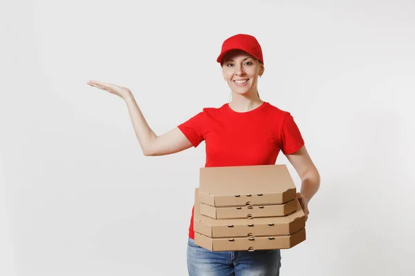 Mulher Boné Vermelho Shirt Dando Caixas Pizza Ordem Alimentar Isolado — Fotografia de Stock