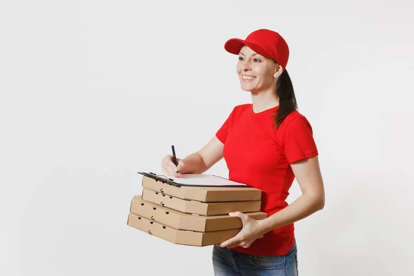 Levering Vrouw Rode Dop Shirt Geven Voedsel Volgorde Italiaanse Pizza — Stockfoto