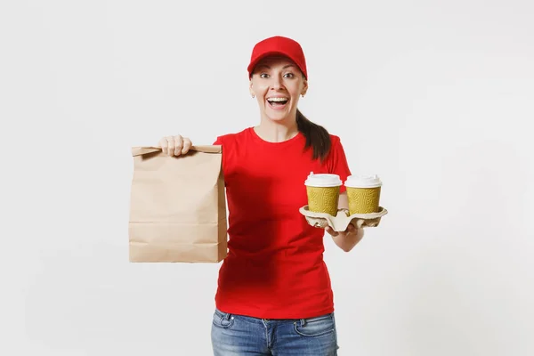 Mulher Boné Vermelho Shirt Dando Ordem Fast Food Isolado Fundo — Fotografia de Stock