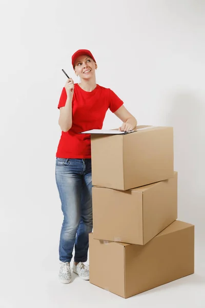 Comprimento Total Mulher Parto Boné Vermelho Shirt Isolada Fundo Branco — Fotografia de Stock