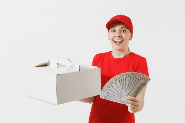 Mulher Boné Vermelho Shirt Dando Caixa Bolo Ordem Alimentar Isolado — Fotografia de Stock