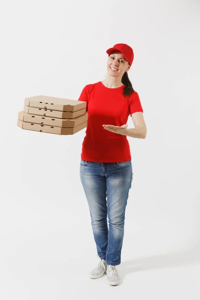 Retrato Comprimento Total Mulher Feliz Boné Vermelho Shirt Dando Caixas — Fotografia de Stock