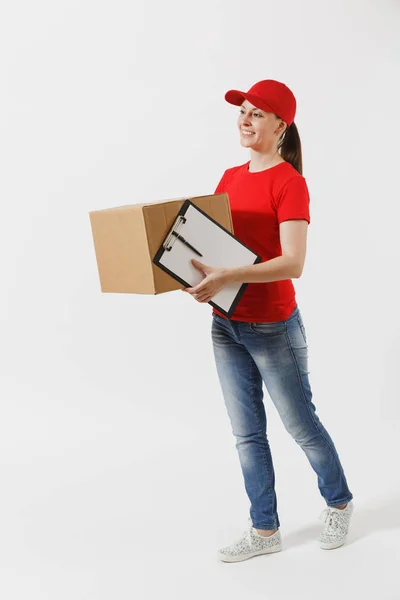 Comprimento Total Mulher Parto Boné Vermelho Shirt Isolada Fundo Branco — Fotografia de Stock