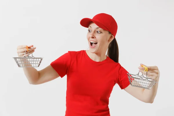 Mujer Parto Uniforme Rojo Aislado Sobre Fondo Blanco Mensajera Comerciante — Foto de Stock