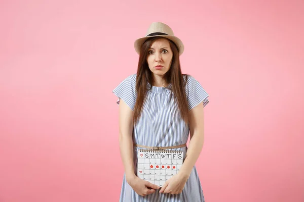 Portrait Sad Illness Woman Blue Dress Holding Periods Calendar Checking — Stock Photo, Image